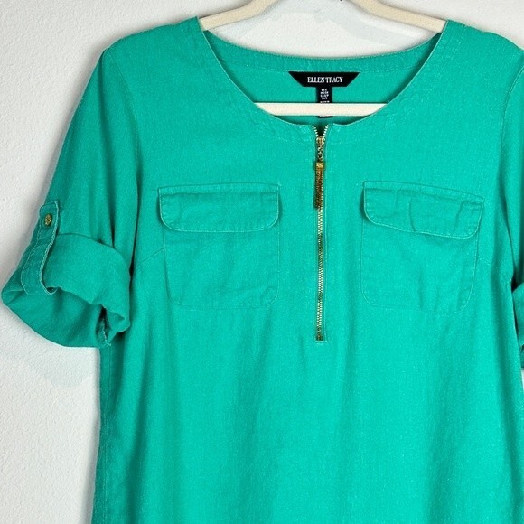 Ellen Tracy Teal Linen Viscose Zipper Neck Top S - Picture 2 of 10